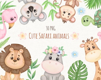 Cute Safari Animals Clipart, Jungle Baby Shower, Tropical Art PNG