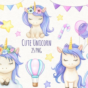 Little Unicorn Watercolor Clipart, Unicorn Baby Shower PNG