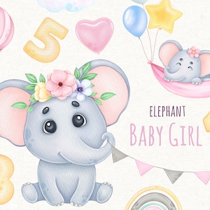 Watercolor Baby Elephant Clipart, Baby Shower Girl, Newborn
