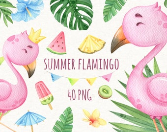 Summer Flamingo Clipart, Watercolor Tropical Png, Sublimation donwload, Digital Pattern