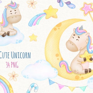 Watercolor Unicorn Clipart, Rainbow clip art, Unicorn Birthday, Instant Download