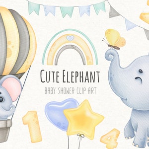 Baby Elephant Clip Art, Watercolor Baby Shower Clipart, Png, Digital Announcement