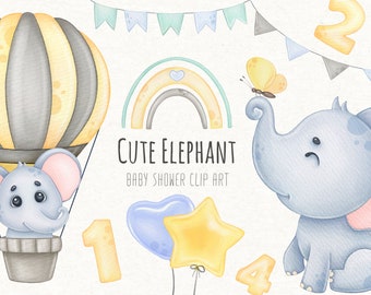 Baby Elephant Clip Art, Watercolor Baby Shower Clipart, Png, Digital Announcement