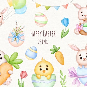 Cute Easter Bunny Watercolor Clipart, Spring Clip Art, Png