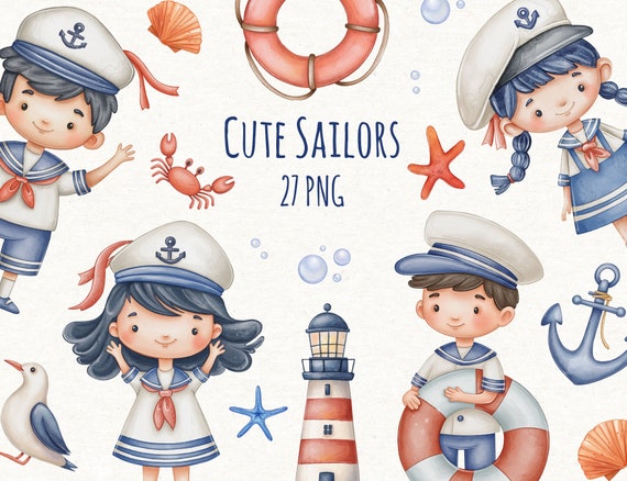 Cute Sailors Watercolor Clipart, Digital Nautical Png Clip Art