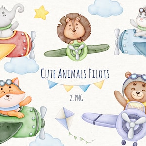 Watercolor Cute Pilot Animals, Airplan Nursery Art, Png