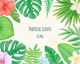 Tropical Summer Clipart, Tropical Flowers, Leaves, PNG