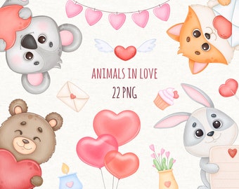 Valentines Day Watercolor Clipart, Cute Animals In Love PNG