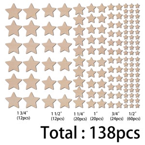 Découpes en bois découpées au laser Star - Tailles assorties de 1 3/4 "à 1/2", Total 138 pièces, découpe en bois non finie pour bricolage, scrapbooking, bois vierge