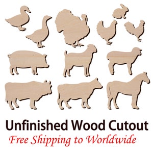 Laser cut Unfinished Wooden Cutout Farming animals for DIY Craft - bull cow duck coat goose hen hourse pig rabbit roster sheep turkey