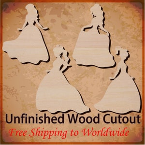 Princess Outline Unfinished Wood Laser Cut Cutout Shapes for DIY Craft, Ready to paint, Stain, Decoupage, embellishments etc