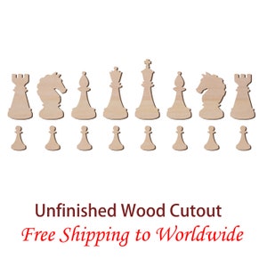 1&quot; ~ 15&quot; Chess Pieces Board Game Shape King Queen Bishop Knight Rook Pawn, Laser cut Unfinished Wooden Cutout for DIY Craft, Wood Blank