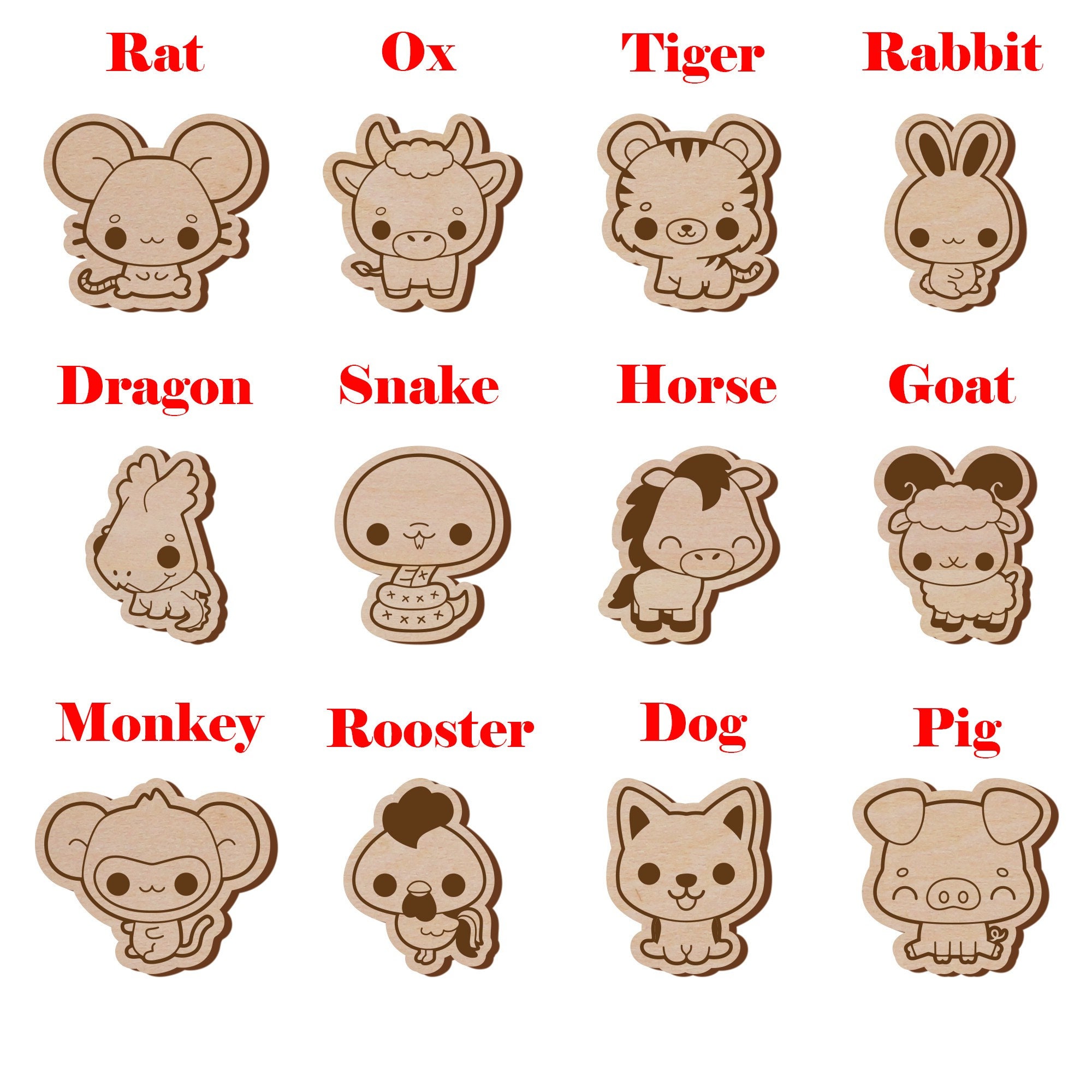 Laser Cut Unfinished Wood 12 Cartoon Chinese Zodiac Sign