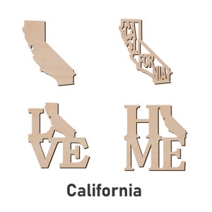 California State, Home Love Text with Map layout laser cut Unfinished Wooden Cutout for DIY Craft, Gift Tags Ornaments Decoration Wall Art
