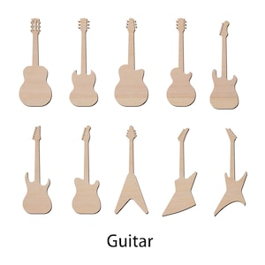Guitar Cutout Laser Cut Formes de bois non finies pour bricolage, étiquettes cadeaux, ornements, 10 styles disponibles, 2 "à 15"