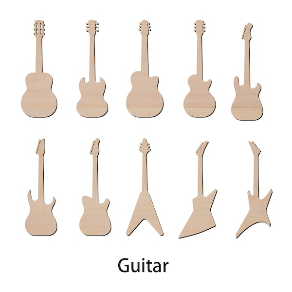 Guitar Cutout Laser Cut Unfinished Wood Shapes for DIY Craft, Gift Tags, Ornaments, 10 Styles available, 2" to 15"