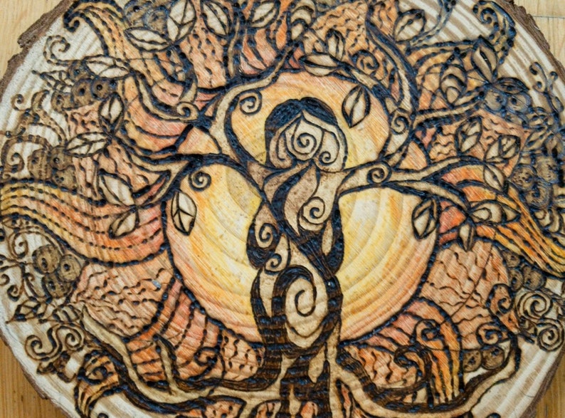 Tree Goddess  Tree Of Life  Wood-Burn Pyrography Wood-Slice image 2