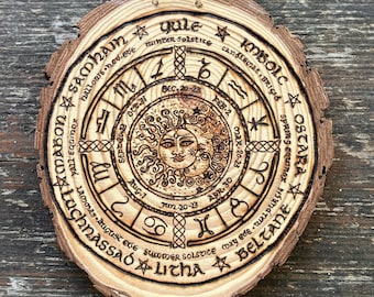 Wood-Burned Wheel of The Year Wall Art – Celtic Sun & Moon