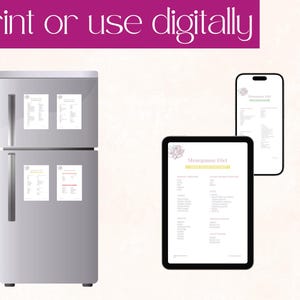May include: A digital and printable Menopause Diet guide with a floral design. The guide is shown on a tablet, a smartphone, and a refrigerator with magnets.