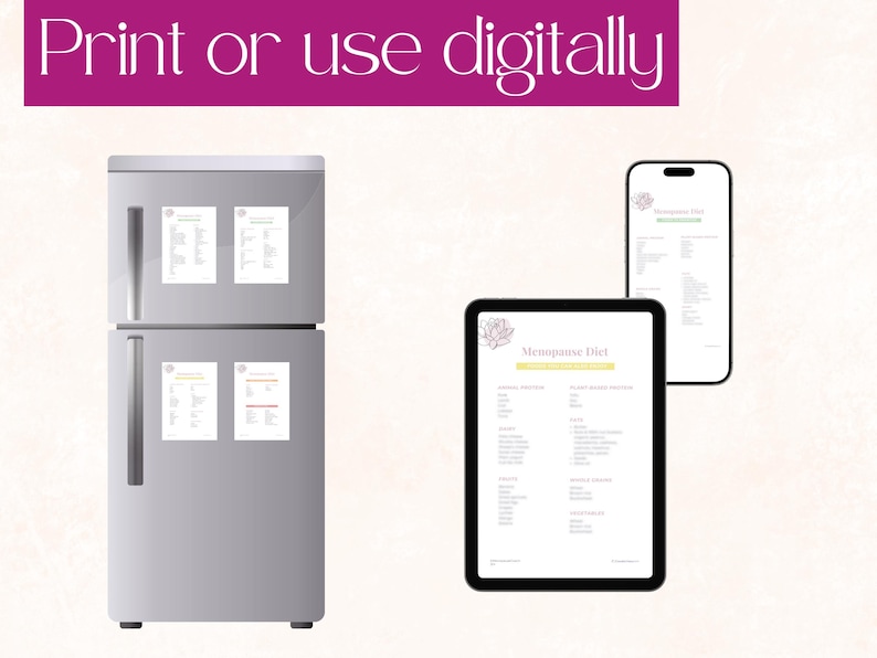 May include: A digital and printable Menopause Diet guide with a floral design. The guide is shown on a tablet, a smartphone, and a refrigerator with magnets.