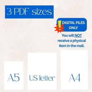 K&ouml;nnte beinhalten: Bild mit drei PDF-Gr&ouml;&szlig;en: A5, US Letter und A4. Der Text "3 PDF sizes" befindet sich in einem blauen Rechteck. Ein blaues Banner besagt "DIGITAL FILES ONLY". Der Text "You will NOT receive a physical item in the mail" ist ebenfalls vorhanden.
