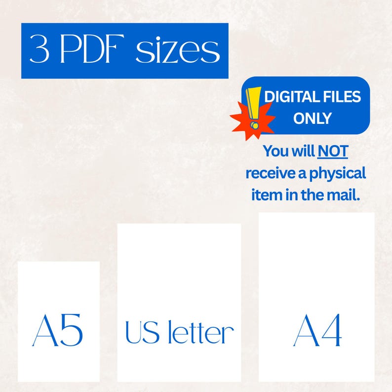K&ouml;nnte beinhalten: Bild mit drei PDF-Gr&ouml;&szlig;en: A5, US Letter und A4. Der Text "3 PDF sizes" befindet sich in einem blauen Rechteck. Ein blaues Banner besagt "DIGITAL FILES ONLY". Der Text "You will NOT receive a physical item in the mail" ist ebenfalls vorhanden.