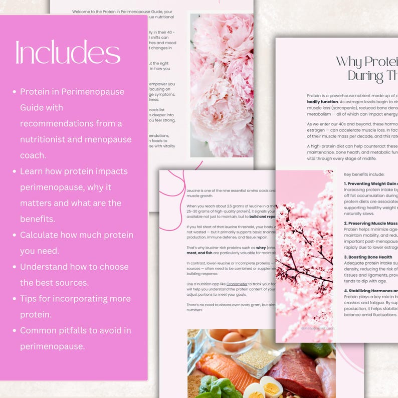 May include: A guide titled "Protein in Perimenopause" with pink accents, featuring text and images of food. The guide includes information on protein intake, benefits, and how to choose the best sources. The guide also includes a section on common pitfalls to avoid.