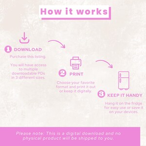 May include: Pink and white graphic illustrating the steps to download and use a digital product. The steps include downloading, printing, and keeping it handy. Text includes "How it works" and "Please note: This is a digital download and no physical product will be shipped to you."