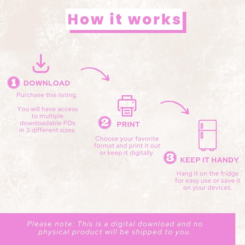 May include: Pink and white graphic illustrating the steps to download and use a digital product. The steps include downloading, printing, and keeping it handy. Text includes "How it works" and "Please note: This is a digital download and no physical product will be shipped to you."