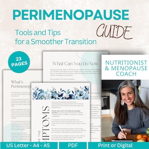 Op de afbeelding: Een gids getiteld "PERIMENOPAUSE" met de ondertitel "Tools and Tips for a Smoother Transition". De gids bevat 23 pagina's en bevat informatie over perimenopauze, symptomen en voeding. Een vrouw glimlacht en schrijft in de hoek. Verkrijgbaar in print of digitaal.