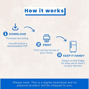 K&ouml;nnte beinhalten: Eine blau-wei&szlig;e Grafik, die die Schritte zum Herunterladen und Verwenden eines digitalen Produkts veranschaulicht. Der Text lautet "So funktioniert es", gefolgt von nummerierten Schritten: herunterladen, drucken und griffbereit halten.