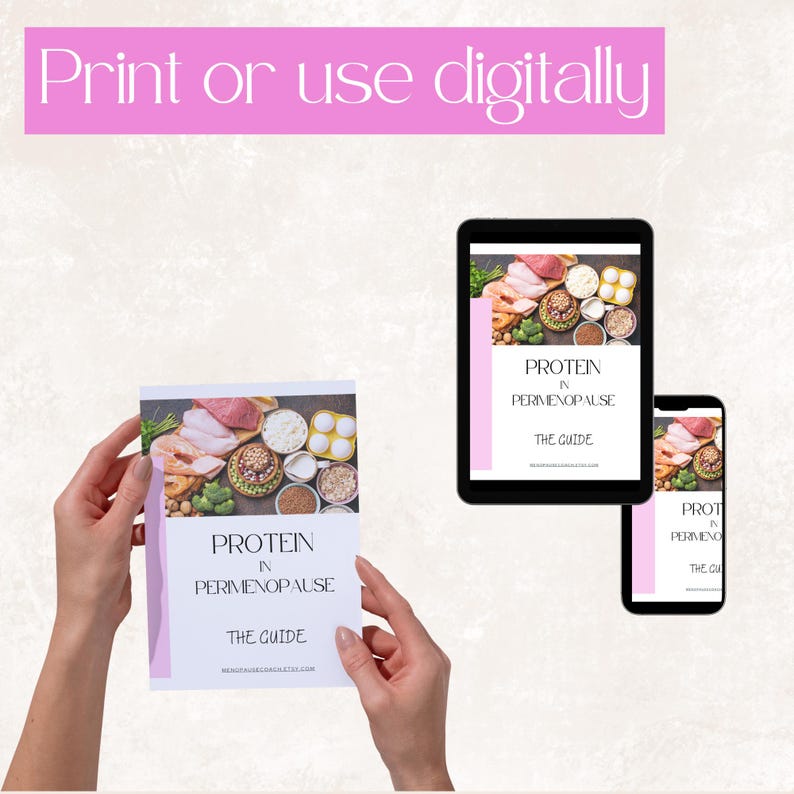 May include: A print or digital guide titled "Protein in Perimenopause" is displayed on a printed page, a tablet, and a smartphone. The guide features images of protein-rich foods. The text "Print or use digitally" is at the top.
