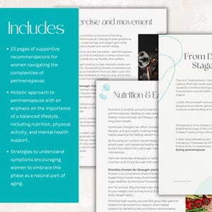 May include: A teal and white informational document about perimenopause. The document includes text about exercise, nutrition, and strategies for understanding symptoms. The text is in English and is designed to help women navigate this phase of life.