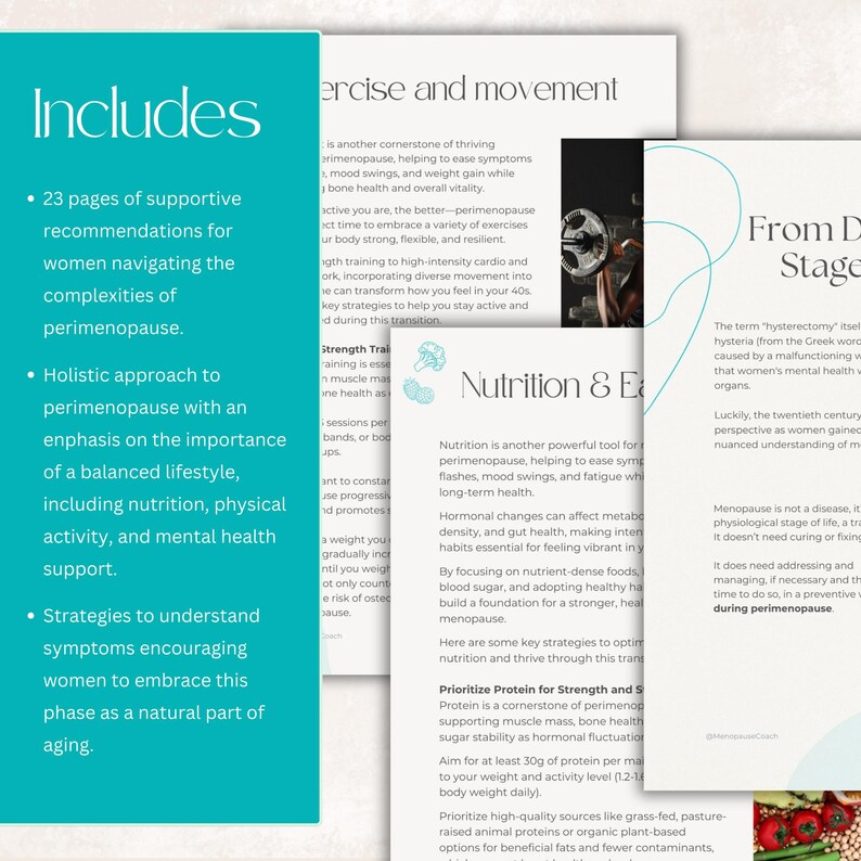 May include: A teal and white informational document about perimenopause. The document includes text about exercise, nutrition, and strategies for understanding symptoms. The text is in English and is designed to help women navigate this phase of life.