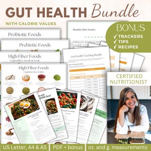 Puede incluir: Un paquete digital centrado en la salud intestinal, con guías y rastreadores imprimibles. Incluye recetas, consejos y un rastreador mensual de fibra. Se proporciona información sobre alimentos probióticos, prebióticos y ricos en fibra, con medidas en gramos.