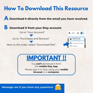 K&ouml;nnte beinhalten: Eine Anleitung mit Anweisungen zum Herunterladen einer Ressource von Etsy. Der Text enth&auml;lt Schritte zum Herunterladen per E-Mail oder Etsy-Konto, mit einem Screenshot der Etsy-Oberfl&auml;che. Es wird auch angegeben, dass die Ressource nicht &uuml;ber die mobile App heruntergeladen werden kann.
