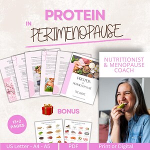 May include: A digital guide titled "Protein in Perimenopause" with accompanying pages and charts. The cover features images of protein-rich foods. The image also includes the text "Bonus", "Nutritionist & Menopause Coach", and "Print or Digital".