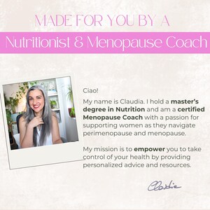 May include: Image featuring text: "MADE FOR YOU BY A Nutritionist & Menopause Coach." A photo of a woman with gray hair is in a white frame. Text below the photo says "Ciao!" and describes her as a certified Menopause Coach.