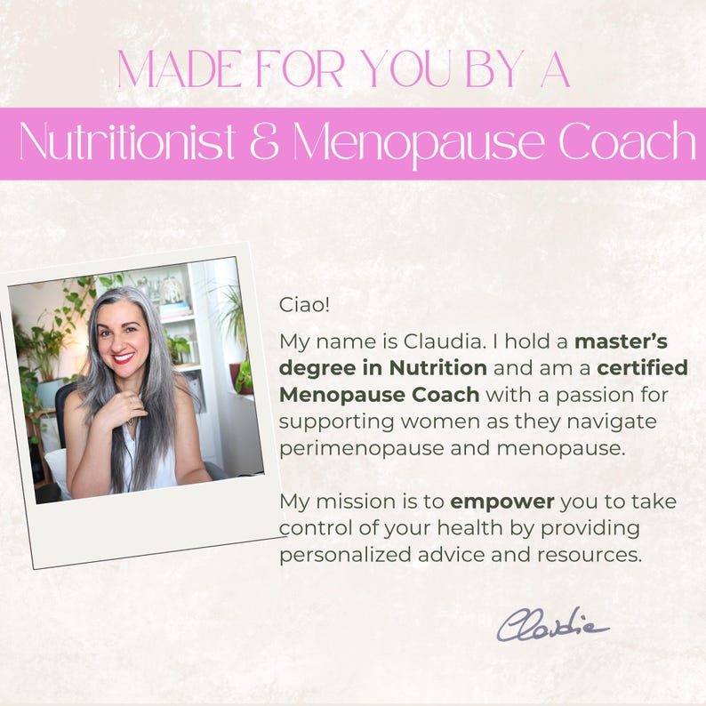 May include: Image featuring text: "MADE FOR YOU BY A Nutritionist & Menopause Coach." A photo of a woman with gray hair is in a white frame. Text below the photo says "Ciao!" and describes her as a certified Menopause Coach.
