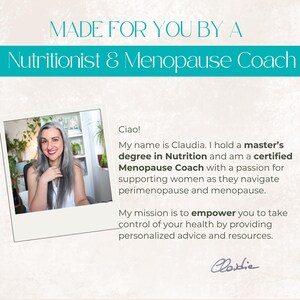 May include: Image featuring a smiling woman with long gray hair, framed in a white border. Text above reads "MADE FOR YOU BY A Nutritionist & Menopause Coach." The text below introduces Claudia, a certified Menopause Coach.