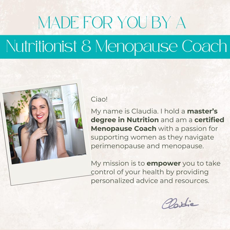 May include: Image featuring a smiling woman with long gray hair, framed in a white border. Text above reads "MADE FOR YOU BY A Nutritionist & Menopause Coach." The text below introduces Claudia, a certified Menopause Coach.