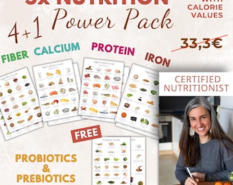 5x Nutrition Food Charts: Protein, Fiber, Calcium, Iron + Gut Health (Digital PDF)