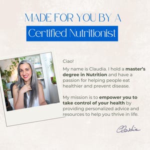 K&ouml;nnte beinhalten: Polaroid-&auml;hnliches Bild einer l&auml;chelnden Frau mit grauem Haar. Der Text oben lautet "MADE FOR YOU BY A Certified Nutritionist". Der Text darunter stellt Claudia vor, eine Ern&auml;hrungsberaterin mit Leidenschaft f&uuml;r Gesundheit.