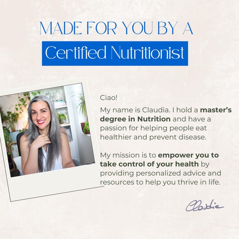 K&ouml;nnte beinhalten: Polaroid-&auml;hnliches Bild einer l&auml;chelnden Frau mit grauem Haar. Der Text oben lautet "MADE FOR YOU BY A Certified Nutritionist". Der Text darunter stellt Claudia vor, eine Ern&auml;hrungsberaterin mit Leidenschaft f&uuml;r Gesundheit.
