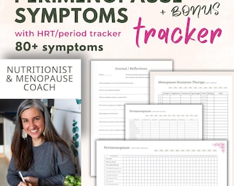 Perimenopause Symptoms Trackers, HRT/Period Logger & Journal with Bonus Nutritional Tips (PDF Download)