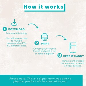 May include: A teal and white graphic titled "How it works" illustrates the steps for a digital download. The steps include downloading, printing, and keeping the item handy. Text explains the process, including the note that it is a digital download.