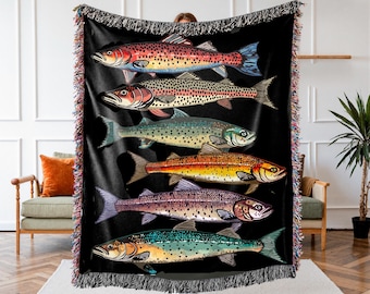 Manta tejida con estampado de truchas: 100 % algodón, manta de pescador, manta para casa de lago.