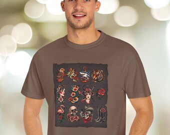 Koszulka z nadrukiem Vintage Tattoo Flash – Komfortowe kolory – Tradycyjny amerykański