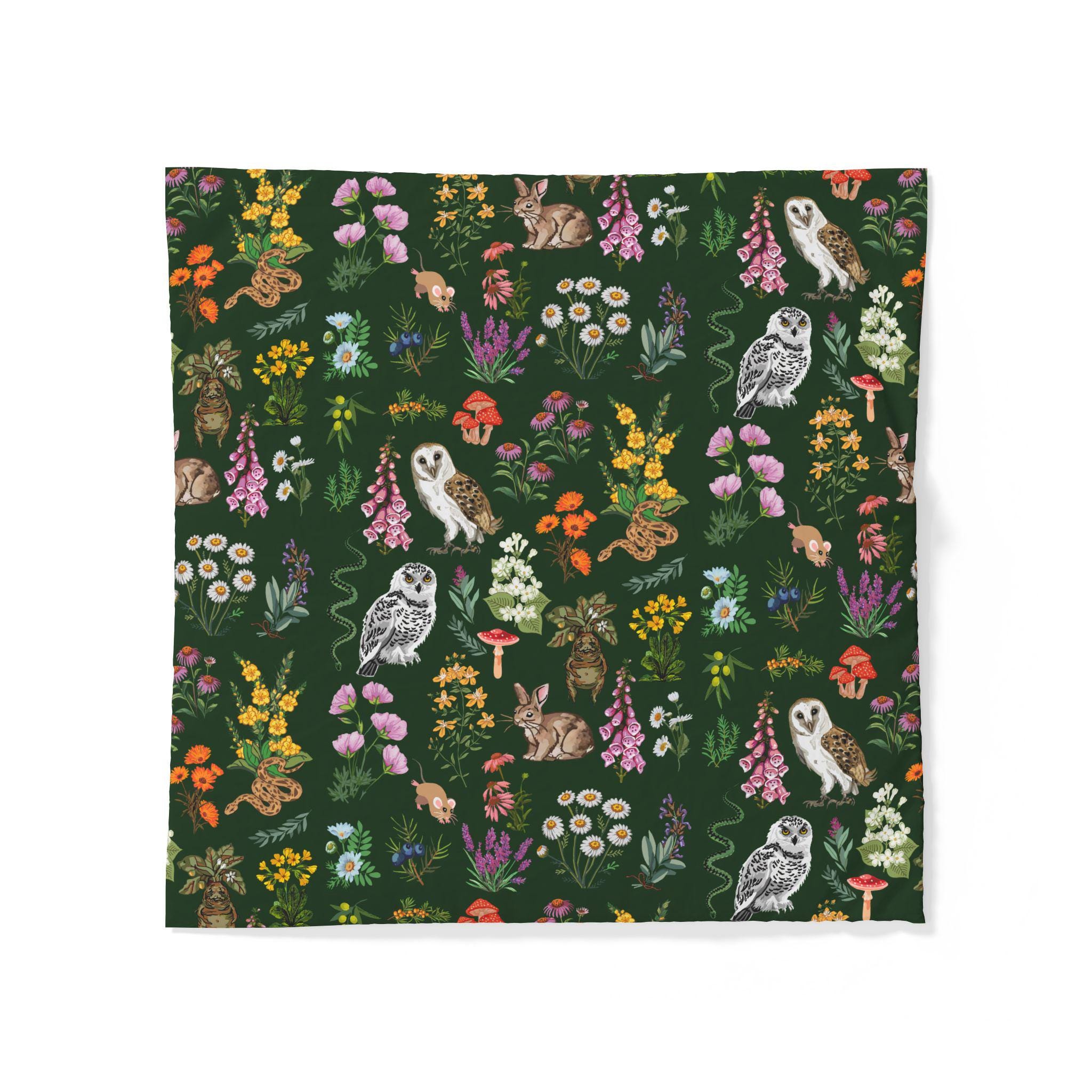 Woodland Owls Foxes Floral Pattern Duvet Cover | Dark Green Nature Bedding