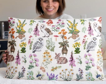 Woodland Animals and Wildflowers Microfiber Pillowcase | Owls, Rabbits, Foxes, Botanical Herbology